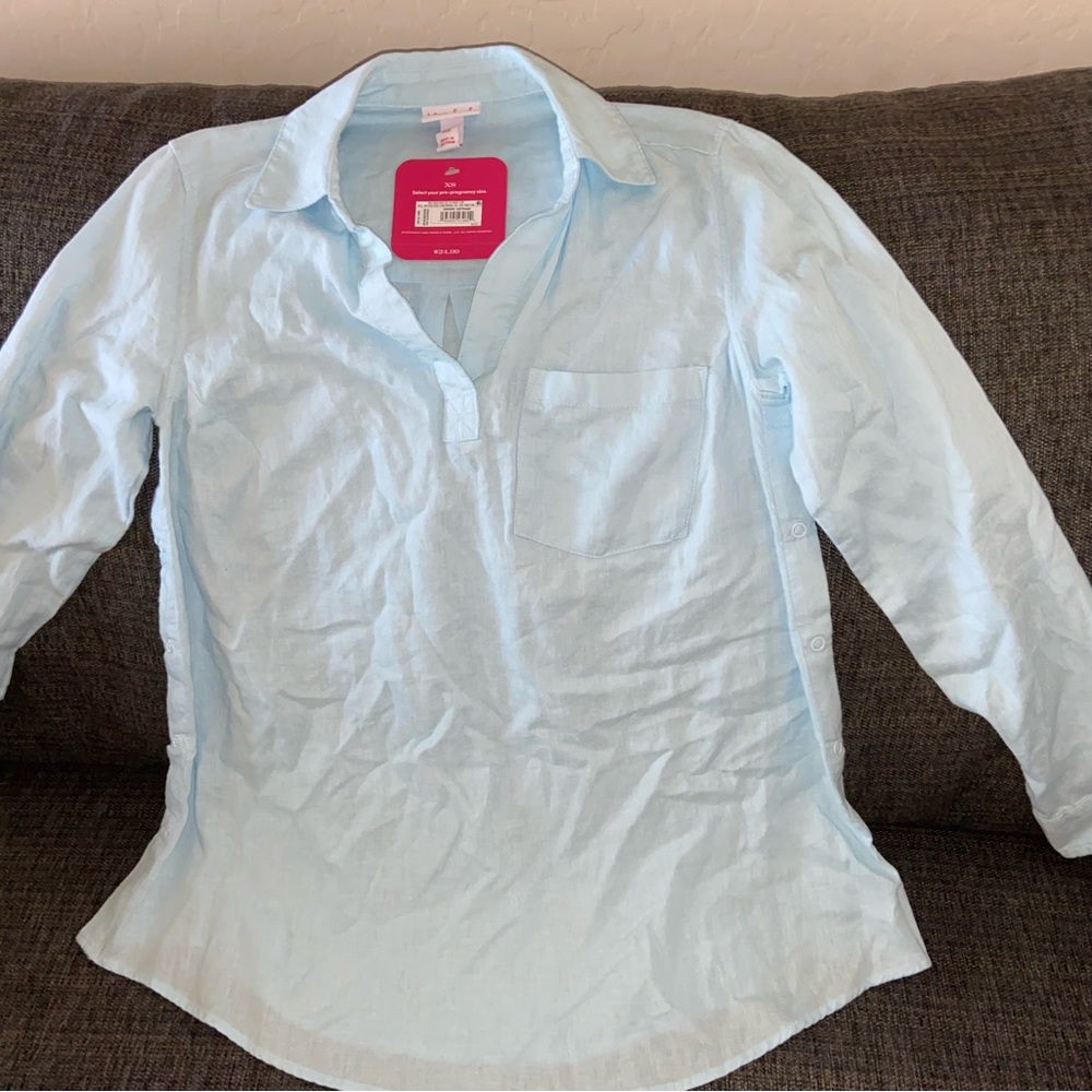 Long Sleeve Collared Side Woven Popover Maternity Shirt - Isabel Maternity, XS - Picture 8 of 9